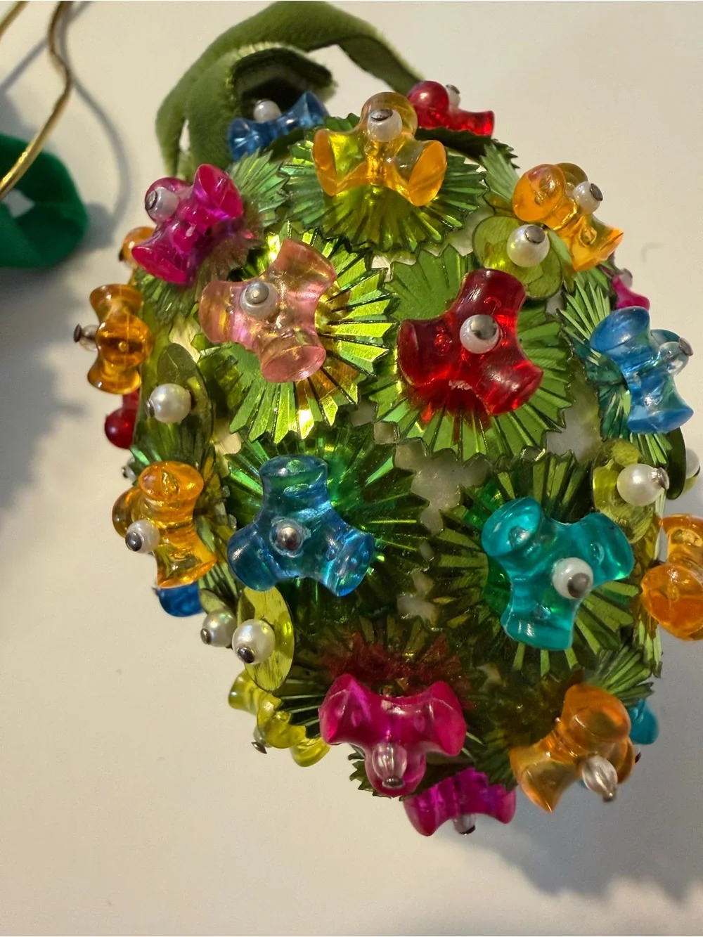 2 Vintage Christmas Beaded Sequin Egg Ornaments Multicolor Floral Retro Hanging